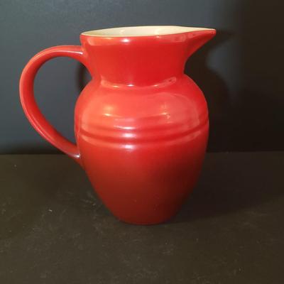 LOT 88K: Le Creuset Small Red Pitcher with Ramekins