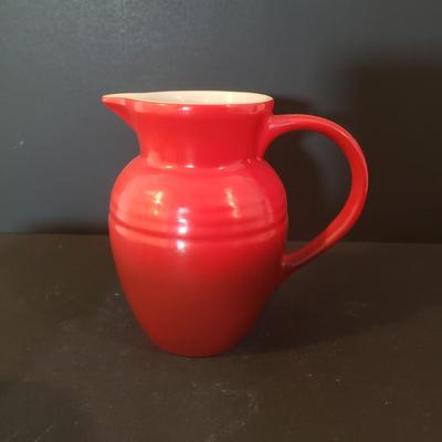 LOT 88K: Le Creuset Small Red Pitcher with Ramekins