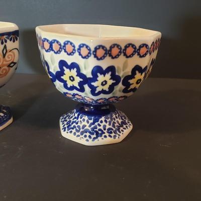 LOT 89K: Polish Pottery Platter, Serving Dishes & Dessert Cups