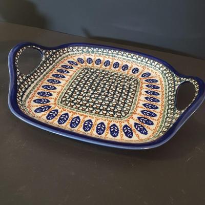 LOT 89K: Polish Pottery Platter, Serving Dishes & Dessert Cups