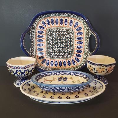 LOT 89K: Polish Pottery Platter, Serving Dishes & Dessert Cups