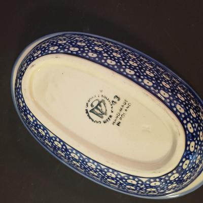 LOT 89K: Polish Pottery Platter, Serving Dishes & Dessert Cups