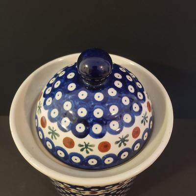 LOT 96K: Polish Pottery Tall Canister & Heart Shaped Dish