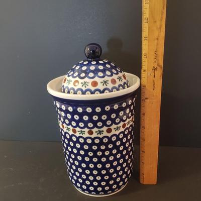 LOT 96K: Polish Pottery Tall Canister & Heart Shaped Dish