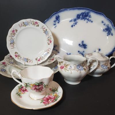 LOT 98K: Antique Grindley Flow Blue Serving Platter, Favolina Summer Garden Set & Azalea Teacup/Saucer