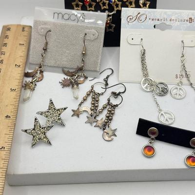 LOT 117J: Stars + Moons Pierced Earrings, Heidie & Jo Star Charm Set, Peace Sign Earrings & More