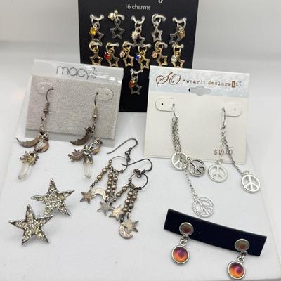 LOT 117J: Stars + Moons Pierced Earrings, Heidie & Jo Star Charm Set, Peace Sign Earrings & More