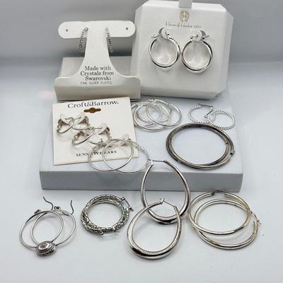 LOT 119J: Hoop Earrings: Silver Plated w/ Swarovski Crystals, House of Harlow 1960, Croft & Barrow Sensitive Ears Set & More