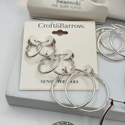 LOT 119J: Hoop Earrings: Silver Plated w/ Swarovski Crystals, House of Harlow 1960, Croft & Barrow Sensitive Ears Set & More
