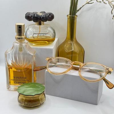 LOT 129K: Covet Perfume by Sarah Jessica Parker (opened), Vintage Reading Glasses, Powder Dish & More