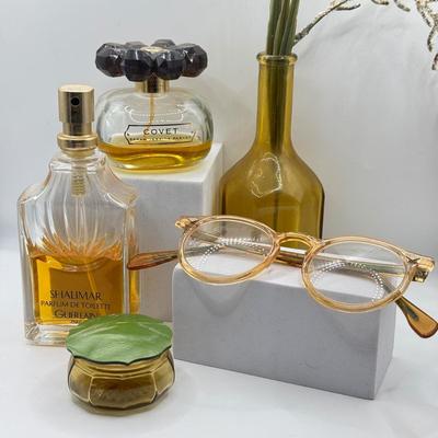 LOT 129K: Covet Perfume by Sarah Jessica Parker (opened), Vintage Reading Glasses, Powder Dish & More