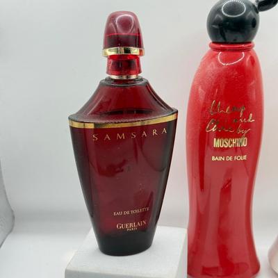 LOT 131K: Cherry & Chic by Moschino Bottles (empty), Guerlain Red Perfume Bottle (empty) & Empty Romance by Ralph Lauren
