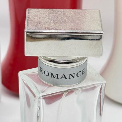 LOT 131K: Cherry & Chic by Moschino Bottles (empty), Guerlain Red Perfume Bottle (empty) & Empty Romance by Ralph Lauren