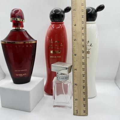 LOT 131K: Cherry & Chic by Moschino Bottles (empty), Guerlain Red Perfume Bottle (empty) & Empty Romance by Ralph Lauren