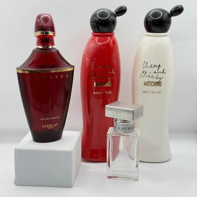 LOT 131K: Cherry & Chic by Moschino Bottles (empty), Guerlain Red Perfume Bottle (empty) & Empty Romance by Ralph Lauren