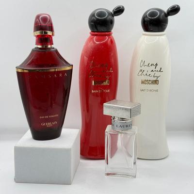 LOT 131K: Cherry & Chic by Moschino Bottles (empty), Guerlain Red Perfume Bottle (empty) & Empty Romance by Ralph Lauren