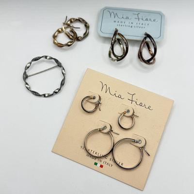 LOT 137J: Three Pairs New Mia Fiore Italian Sterling Silver Earrings w/ Matching 925 Earrings & Pin (14.18g)
