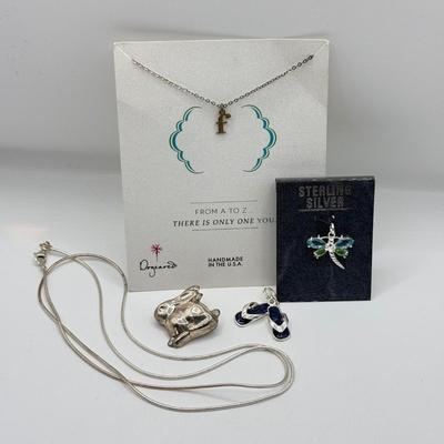 LOT 138J: Sterling Silver "f" Necklace, 925 Necklace, Sterling Silver Dragonfly Charm, 925 Flip Flops & Rabbit Pin (15.95g)