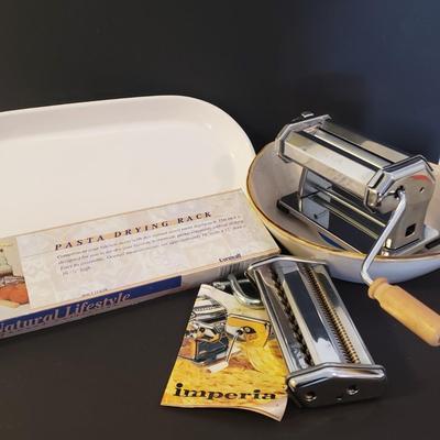 LOT 144L: Imperia Italian Pasta Maker, New Pasta Drying Rack & Large Serving Dishes