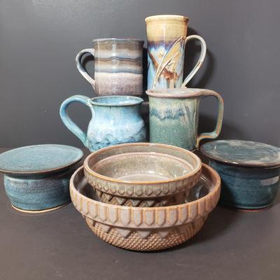 LOT 146K: Art Pottery Butter Crocks, Mugs & More