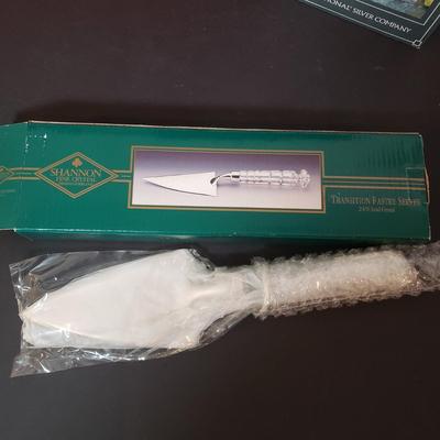 LOT 151L: Crystal Knife & Cake Server, Stemware Set in Box & Intl Silver Co Salt & Pepper Shakers