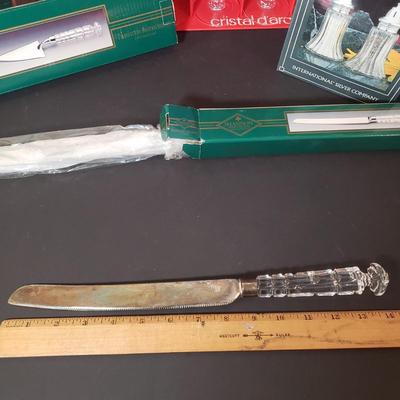 LOT 151L: Crystal Knife & Cake Server, Stemware Set in Box & Intl Silver Co Salt & Pepper Shakers