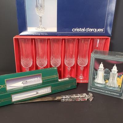 LOT 151L: Crystal Knife & Cake Server, Stemware Set in Box & Intl Silver Co Salt & Pepper Shakers
