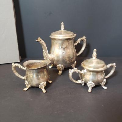 LOT 152L: Silverplate Serving Tray, Teaset, Wishing Spoons & Champagne Bottle/Ice Bucket Salt & Pepper Set