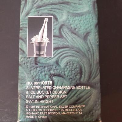 LOT 152L: Silverplate Serving Tray, Teaset, Wishing Spoons & Champagne Bottle/Ice Bucket Salt & Pepper Set