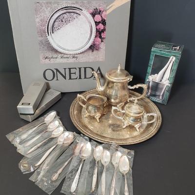 LOT 152L: Silverplate Serving Tray, Teaset, Wishing Spoons & Champagne Bottle/Ice Bucket Salt & Pepper Set