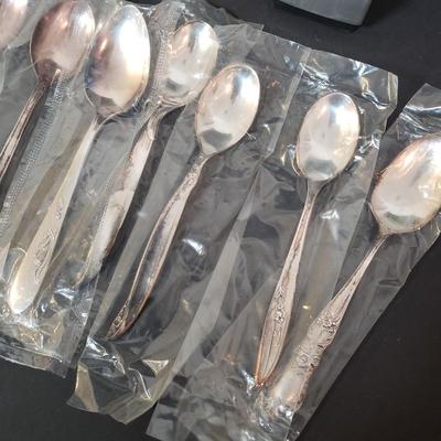 LOT 152L: Silverplate Serving Tray, Teaset, Wishing Spoons & Champagne Bottle/Ice Bucket Salt & Pepper Set