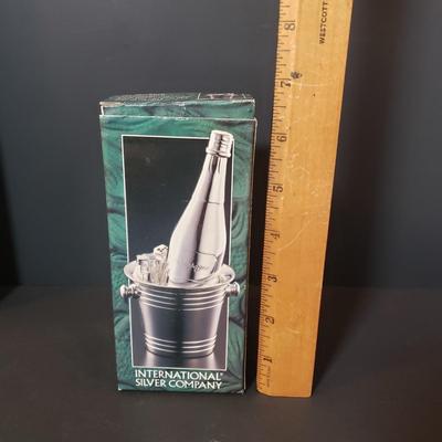 LOT 152L: Silverplate Serving Tray, Teaset, Wishing Spoons & Champagne Bottle/Ice Bucket Salt & Pepper Set