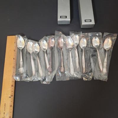 LOT 152L: Silverplate Serving Tray, Teaset, Wishing Spoons & Champagne Bottle/Ice Bucket Salt & Pepper Set