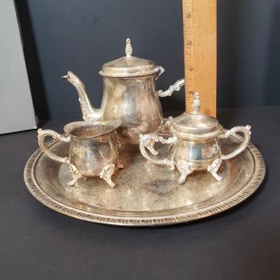 LOT 152L: Silverplate Serving Tray, Teaset, Wishing Spoons & Champagne Bottle/Ice Bucket Salt & Pepper Set