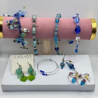 LOT 163J: Vintage Blue Glass Bead Earrings & Bracelets, Sea Glass Earrings, More Blue Bead Bracelets & More