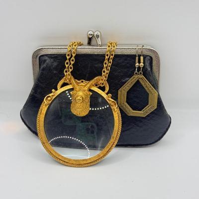 LOT 166J: Florenza Goldtone Ram's Head Taurus Magnifying Glass Necklace on Long Chain w/ Art Deco Brass Earrings