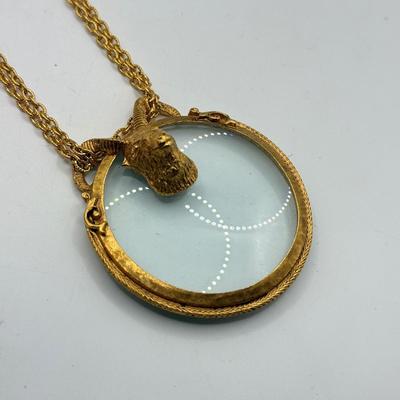 LOT 166J: Florenza Goldtone Ram's Head Taurus Magnifying Glass Necklace on Long Chain w/ Art Deco Brass Earrings