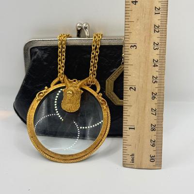 LOT 166J: Florenza Goldtone Ram's Head Taurus Magnifying Glass Necklace on Long Chain w/ Art Deco Brass Earrings