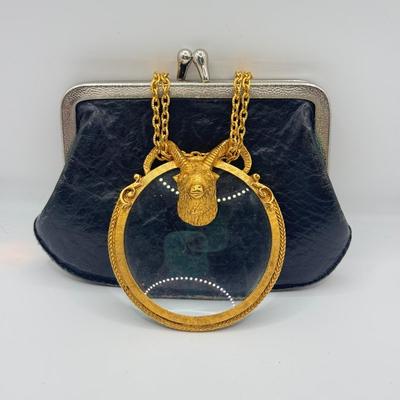 LOT 166J: Florenza Goldtone Ram's Head Taurus Magnifying Glass Necklace on Long Chain w/ Art Deco Brass Earrings