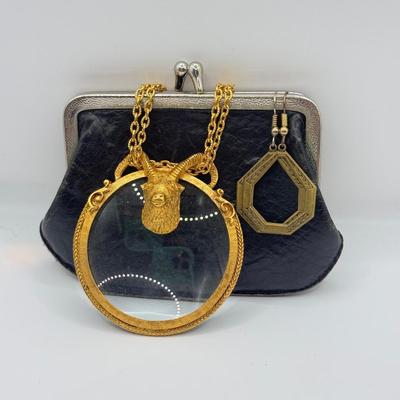 LOT 166J: Florenza Goldtone Ram's Head Taurus Magnifying Glass Necklace on Long Chain w/ Art Deco Brass Earrings