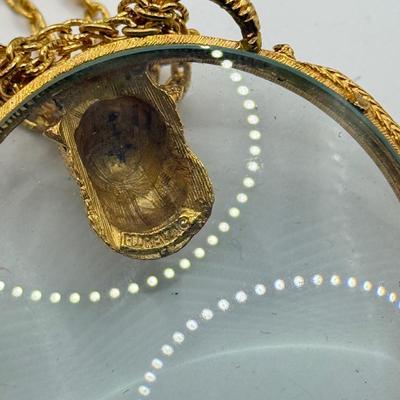 LOT 166J: Florenza Goldtone Ram's Head Taurus Magnifying Glass Necklace on Long Chain w/ Art Deco Brass Earrings