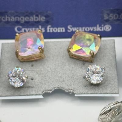 LOT 168J: Brilliance Swarovski Crystal Interchangeable Earring Set, CZ Studs in Various Sizes & More Pierced Earrings