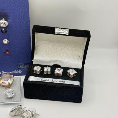 LOT 168J: Brilliance Swarovski Crystal Interchangeable Earring Set, CZ Studs in Various Sizes & More Pierced Earrings