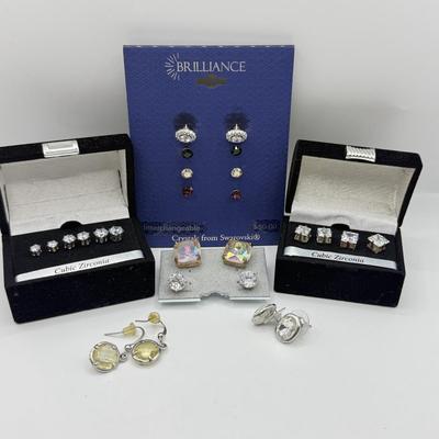 LOT 168J: Brilliance Swarovski Crystal Interchangeable Earring Set, CZ Studs in Various Sizes & More Pierced Earrings