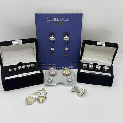 LOT 168J: Brilliance Swarovski Crystal Interchangeable Earring Set, CZ Studs in Various Sizes & More Pierced Earrings