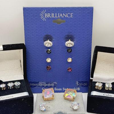 LOT 168J: Brilliance Swarovski Crystal Interchangeable Earring Set, CZ Studs in Various Sizes & More Pierced Earrings