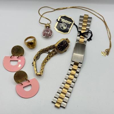 LOT 170J: Vintage Ladies' Pulsar Quartz Watch w/ Safety Chain, Helbros Watch Band, Gold Fill/Plated Ring & More