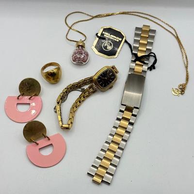 LOT 170J: Vintage Ladies' Pulsar Quartz Watch w/ Safety Chain, Helbros Watch Band, Gold Fill/Plated Ring & More