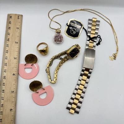LOT 170J: Vintage Ladies' Pulsar Quartz Watch w/ Safety Chain, Helbros Watch Band, Gold Fill/Plated Ring & More