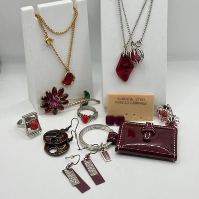 LOT 172J: Moody Reds: Mini Coach Leather Picture Frame, Necklaces, Pierced Earrings & More